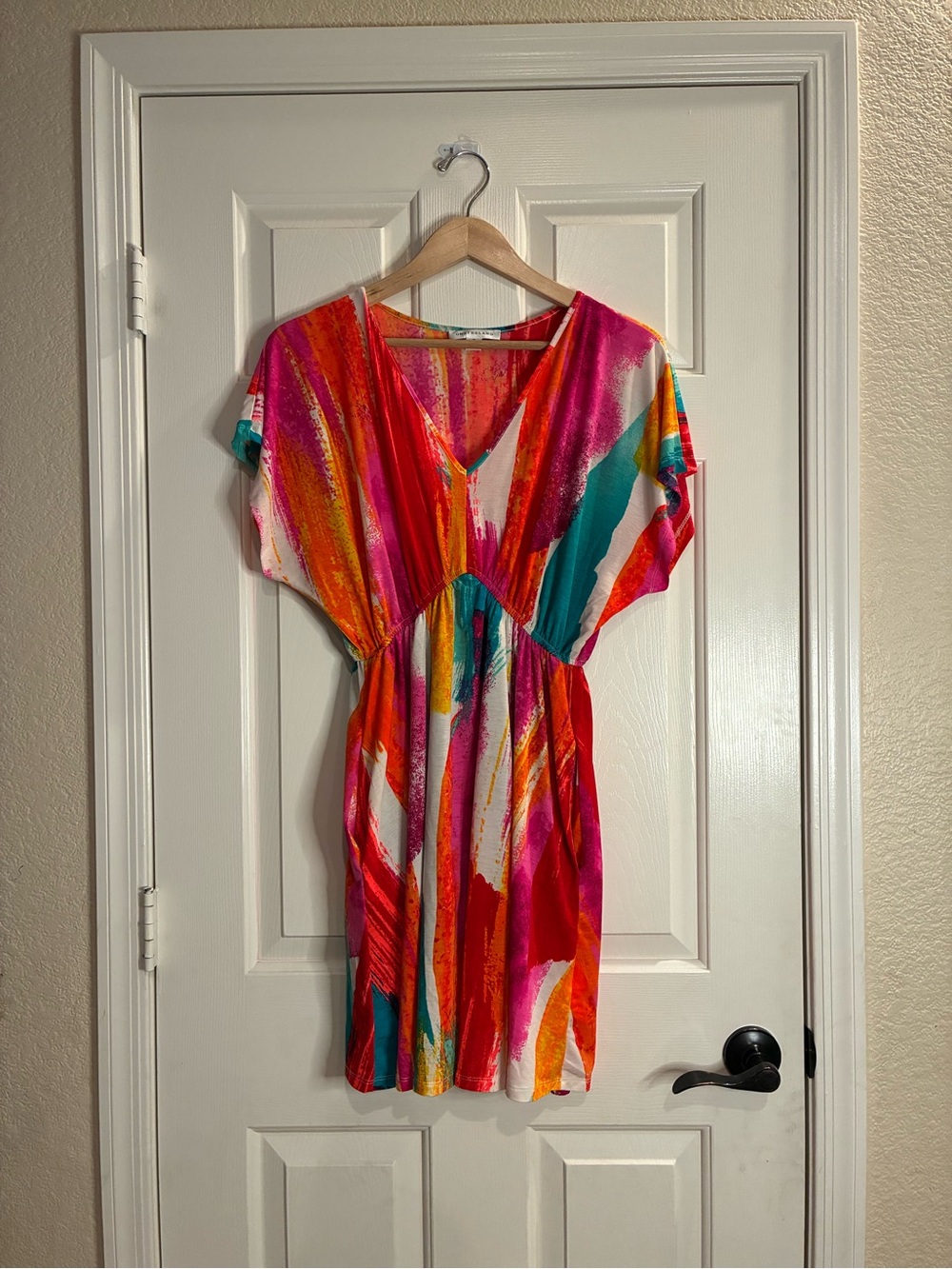 Colorful Abstract V-Neck Mini Dress in Pink & Orange W/ Built In Shorts